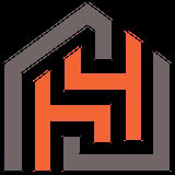 Home logo with orange H letter inside gray house outline on black background